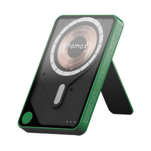 صورة Momax 1-Power X Pro+ Magnetic Wireless Battery Pack (10000mAh) with Stand and Built-in USB-C Cable (Green)