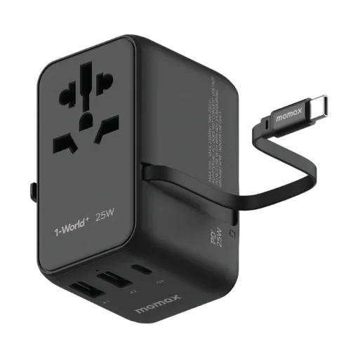 صورة MOMAX 1-WORLD 25W 3 PORT WITH BUILT-IN USB-C CABLE AC TRAVEL ADAPTOR (black)