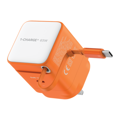 صورة MOMAX 1-CHARGE 65W GAN 1 PORT CHARGER WITH BUILT-IN USB-C CABLE (Color: ORANGE)