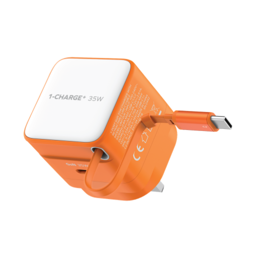 صورة MOMAX 1-CHARGE 35W GAN 1 PORT CHARGER WITH BUILT-IN USB-C CABLE (Color: ORANGE)